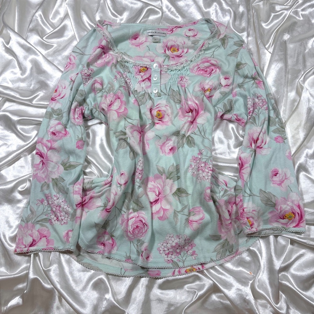 vintage Pajama Top Blue Pink Excellent Floral Rose Lace Trim Henley XL